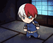 a drawing of a boy with red and white hair kneeling down