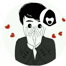 a man in a suit is covering his face with his hands and a heart is coming out of his mouth .