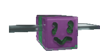 a purple cube with a green face on it is floating in the air