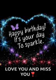a birthday card that says happy birthday it 's your day to sparkle .. love you and miss you