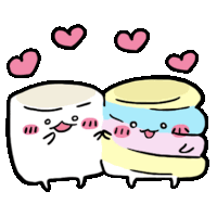 two marshmallows are hugging each other with pink hearts around them