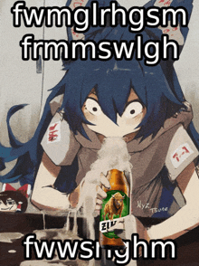 a cartoon of a girl drinking from a bottle with the words fwmglrhgsm frmmswlgh fwwsighm