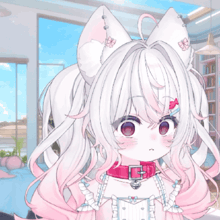a girl with white hair and pink ears wearing a pink collar