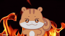 a cartoon chipmunk is standing in front of a fire with the word dazz on the bottom right