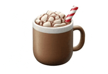 a cup of hot chocolate with marshmallows and a candy cane straw