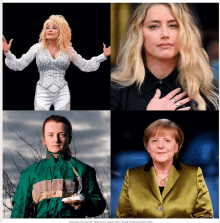 a collage of four pictures of women including dolly parton amber heard and angela merkel