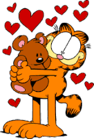 a cartoon of garfield hugging a teddy bear surrounded by red hearts