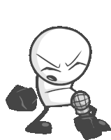 a cartoon character is holding a microphone and a rock in his hand