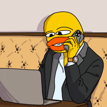 a cartoon of a duck talking on a cell phone while looking at a laptop