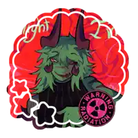 a drawing of a monster with horns and a warning radiation sticker