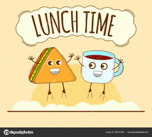 a cartoon illustration of a sandwich and a cup of coffee with faces