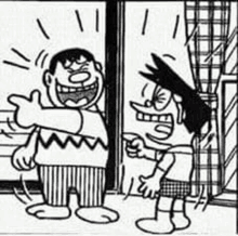 a black and white cartoon of two cartoon characters standing next to each other in front of a window .