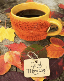 a cup of coffee surrounded by autumn leaves with a tag that says good morning