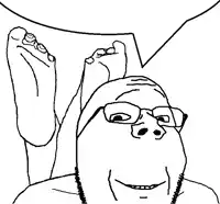 a black and white drawing of a man with glasses laying on his back with his feet up .