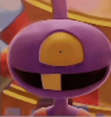 a purple cartoon character with a yellow eye and teeth is smiling .