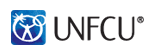 a logo for unfcu with a blue square and a peace symbol