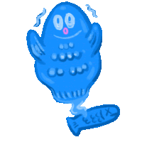 a cartoon drawing of a blue ghost with a fish on its leg