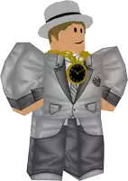 a man in a suit has a pocket watch around his neck that shows the time as 4:20