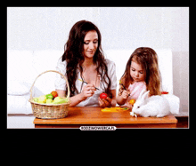 a woman and a little girl are sitting at a table decorating easter eggs with a rabbit on the table