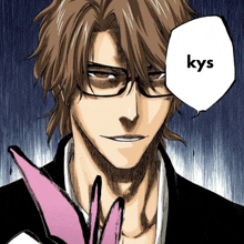 a close up of a man with glasses and a speech bubble that says kys