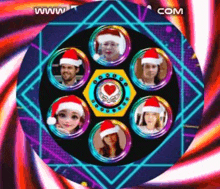 a group of people wearing santa hats are sitting in a circle on a colorful background .