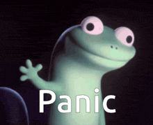a cartoon lizard with pink eyes and the word panic behind it