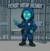 a cartoon of a police officer pointing at a sign that says " your new home "