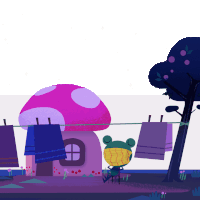 a frog sits in front of a mushroom house with clothes hanging on a clothes line