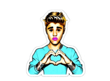 a sticker of justin bieber making a heart sign with his hands