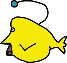 a cartoon drawing of a yellow fish with a blue light coming out of its head