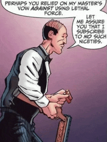 a man in a tuxedo holding a gun with a speech bubble that says perhaps you relied