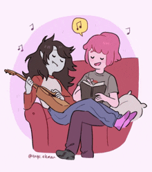 a drawing of a girl playing a guitar and a girl reading a book