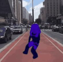 a person in a purple costume is dancing on a red bike lane in a city .