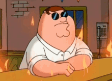 peter griffin from family guy is sitting at a bar with flames coming out of his arms .