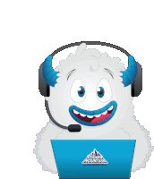 a cartoon of a yeti wearing headphones and a sticker mountain logo on a laptop