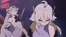a drawing of a girl with white hair and wings standing next to another girl