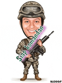 a cartoon of a man in a military uniform holding a gun and smiling .