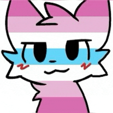 a drawing of a cat with a pink and blue stripe on its face .