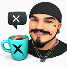 a man with a beard is holding a cup of coffee and a speech bubble with the letter x on it