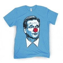 a blue t-shirt with a picture of a man with a clown nose