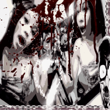 a black and white painting of a woman with blood coming out of her mouth