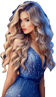 a woman in a blue dress has long blonde hair