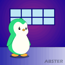 a green and white penguin is standing in front of a window with abster written on the bottom