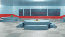 a computer generated image of a room with a round table