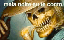 a skeleton wearing a hat and holding a pipe with the words meia noite eu te conto above him