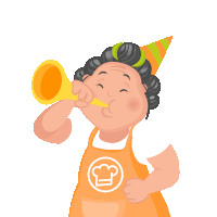 a woman wearing an apron and a party hat blows a party horn