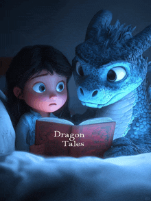 a little girl reading a book to a blue dragon called dragon tales