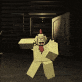 a toy chicken is standing in front of an open door in a dark room