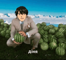 a man in a suit holds a watermelon in front of a pile of watermelons in a field