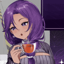 a girl with purple hair holds a cup of tea